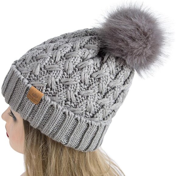 Women’s Light Gray Winter Ribbed Beanie Hat Chunky Cable Knit Pompom Warm main image 6